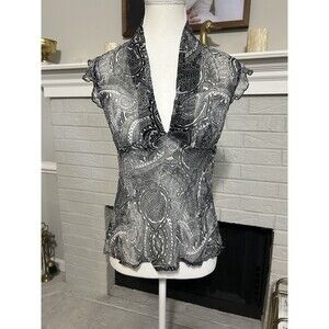 Vtg Y2K Sz S 100% Silk Blouse Sheer Black Floral Fairy Whimsical Whimisgoth